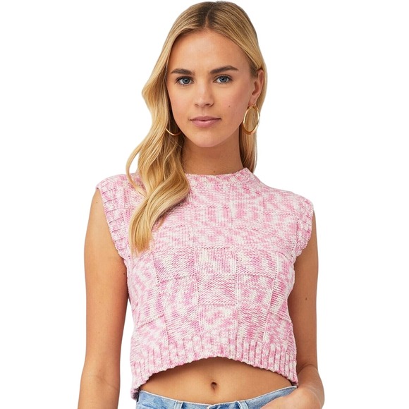 Sleeveless Knit Crop Top Pink White Lace-Up Back Vest Size Medium Steve Madden - Picture 1 of 8